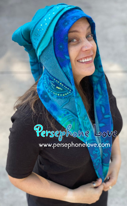 Katwise inspired teal felted 100% cashmere paisley sequin pixie jester hat-1432