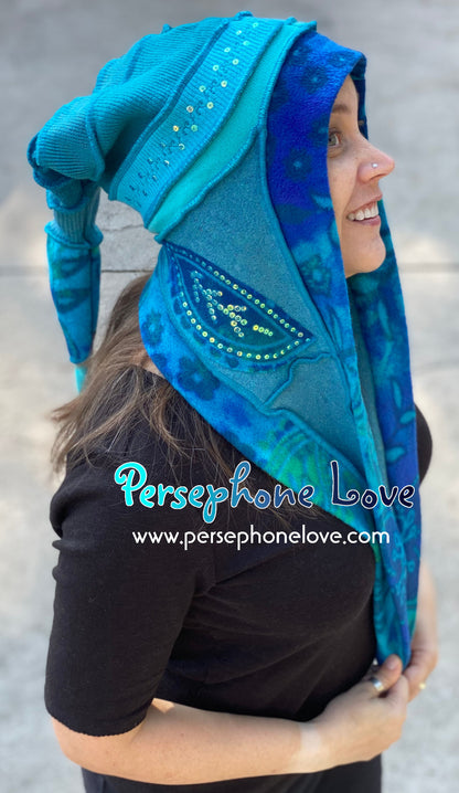 Katwise inspired teal felted 100% cashmere paisley sequin pixie jester hat-1432