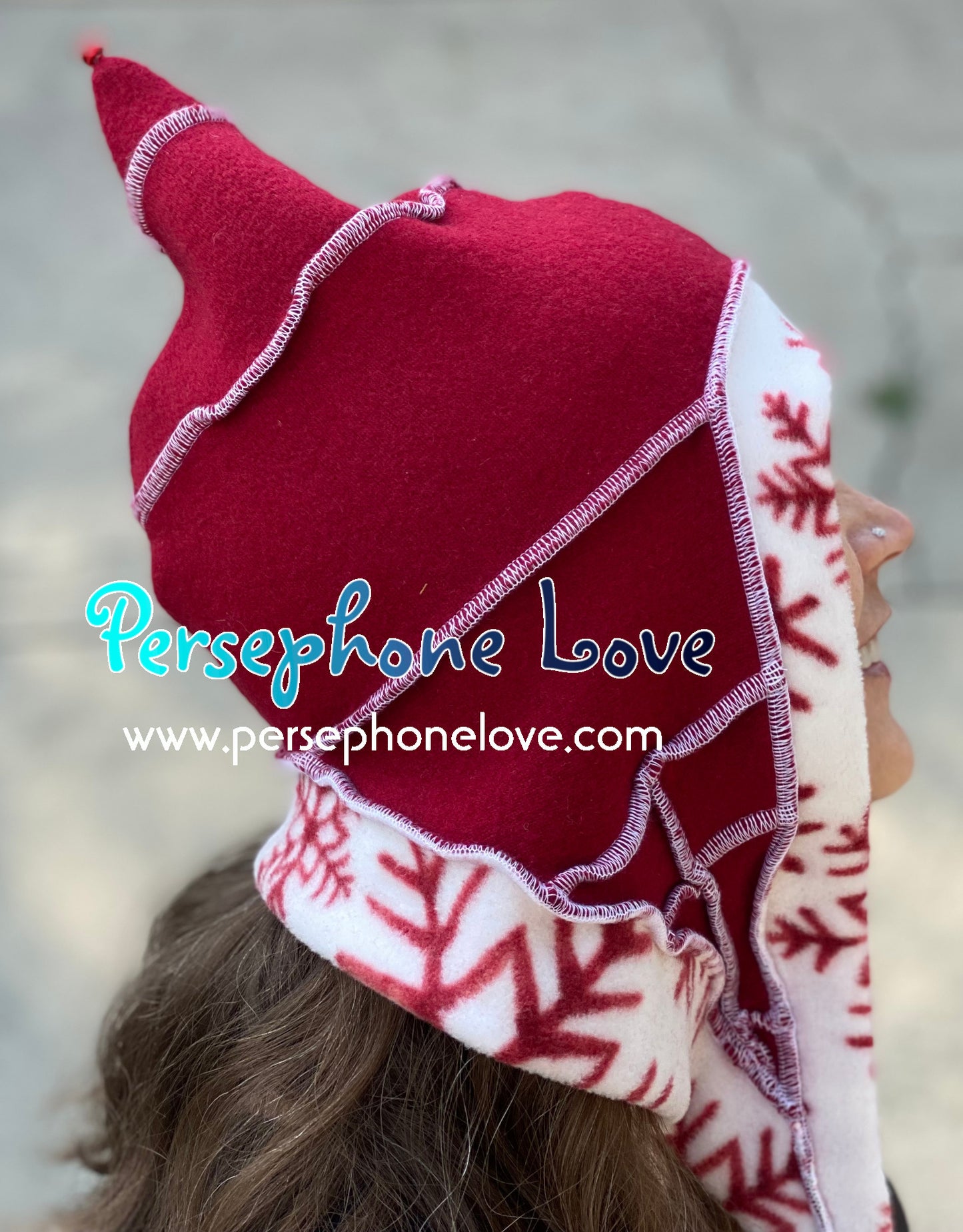 Katwise inspired red white snowflake felted 100% cashmere/fleece recycled sweater elf hat-1442
