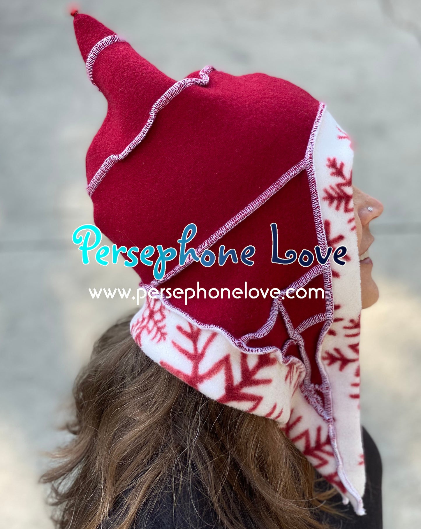 Katwise inspired red white snowflake felted 100% cashmere/fleece recycled sweater elf hat-1442