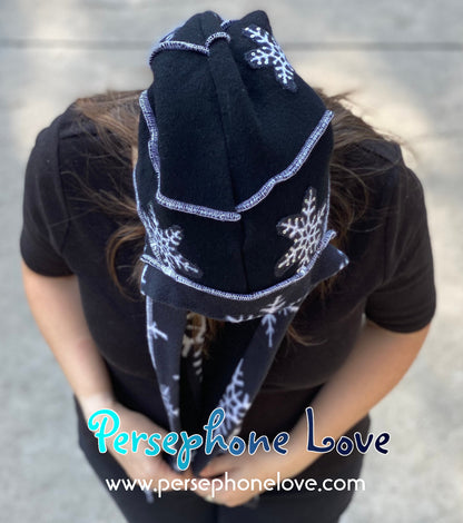 Katwise inspired black white snowflake felted 100% cashmere/fleece sequin recycled sweater elf hat-1439