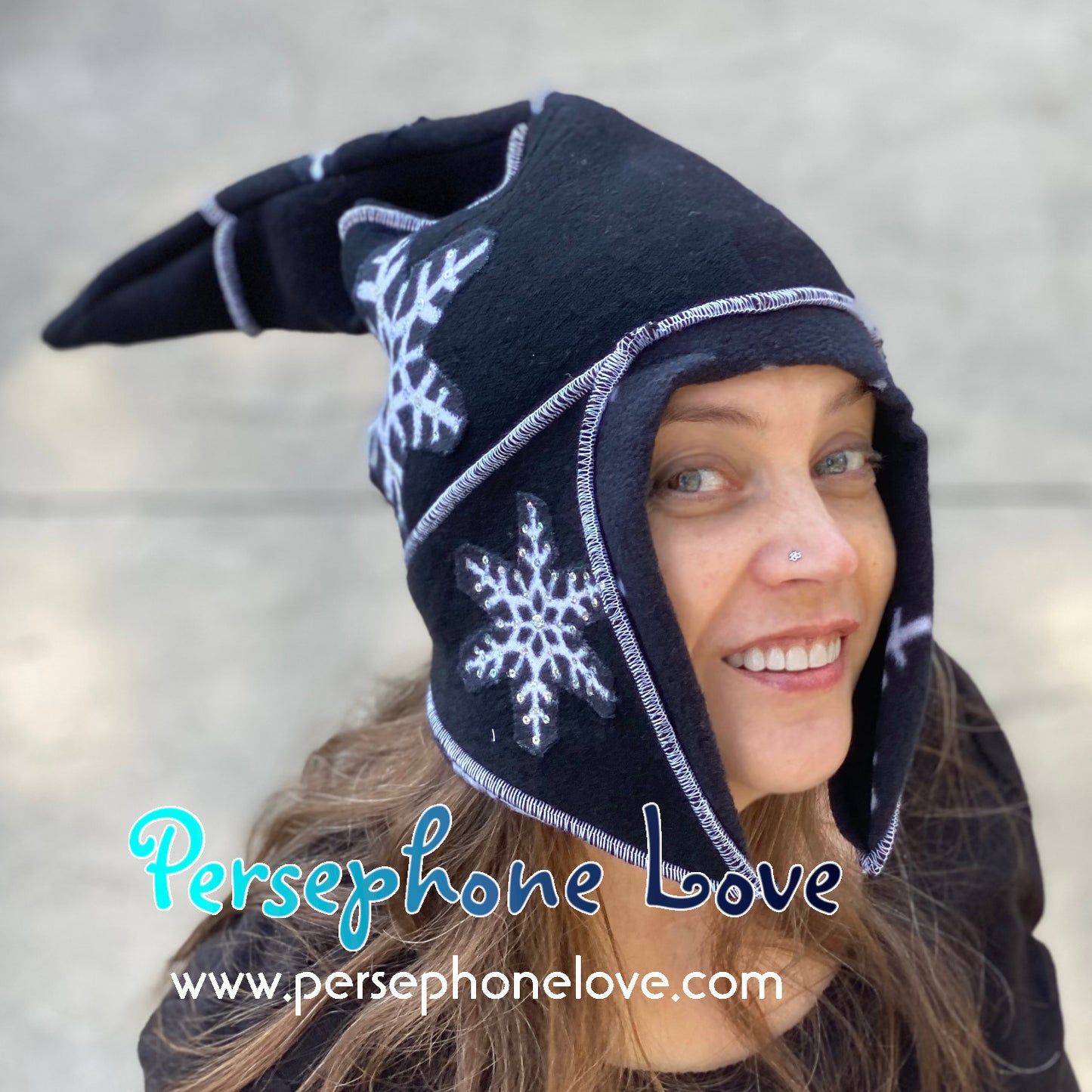 Katwise inspired black white snowflake felted 100% cashmere/fleece sequin pixie elf hat-1437