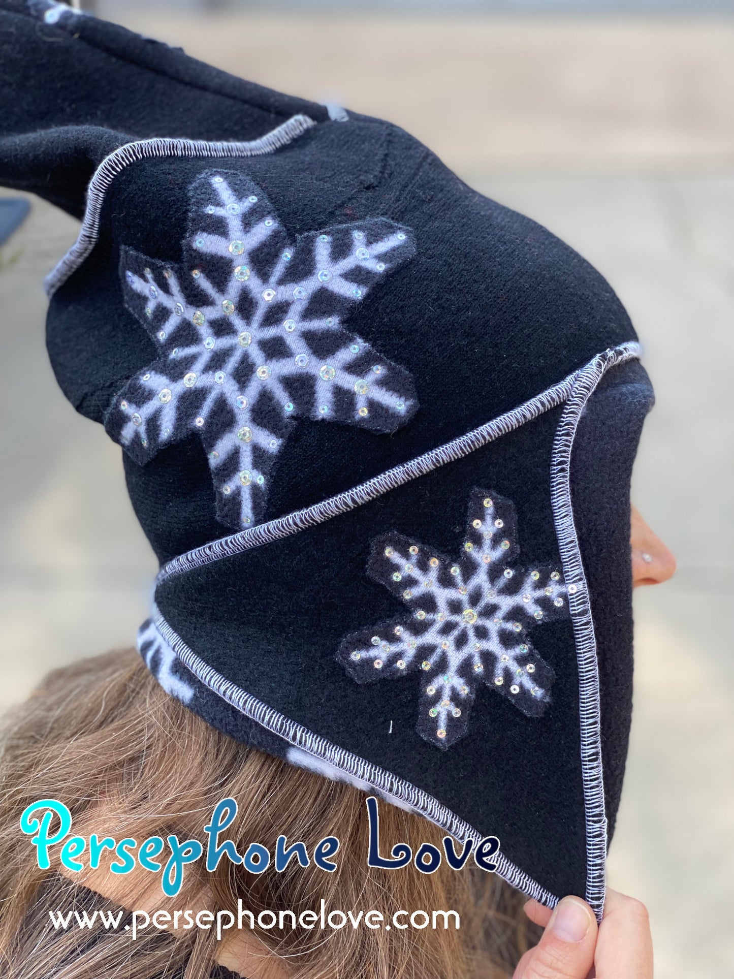 Katwise inspired black white snowflake felted 100% cashmere/fleece sequin pixie elf hat-1437