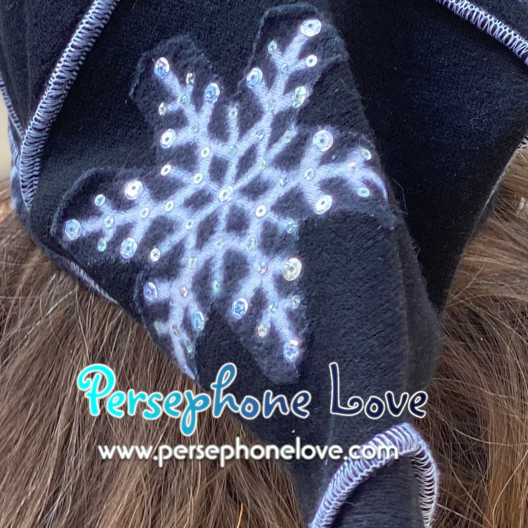 Katwise inspired black white snowflake felted 100% cashmere/fleece sequin pixie elf hat-1437