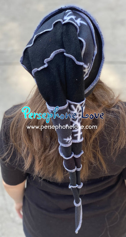 Katwise inspired black white snowflake 100% cashmere/fleece patchwork elf jester hat-1475