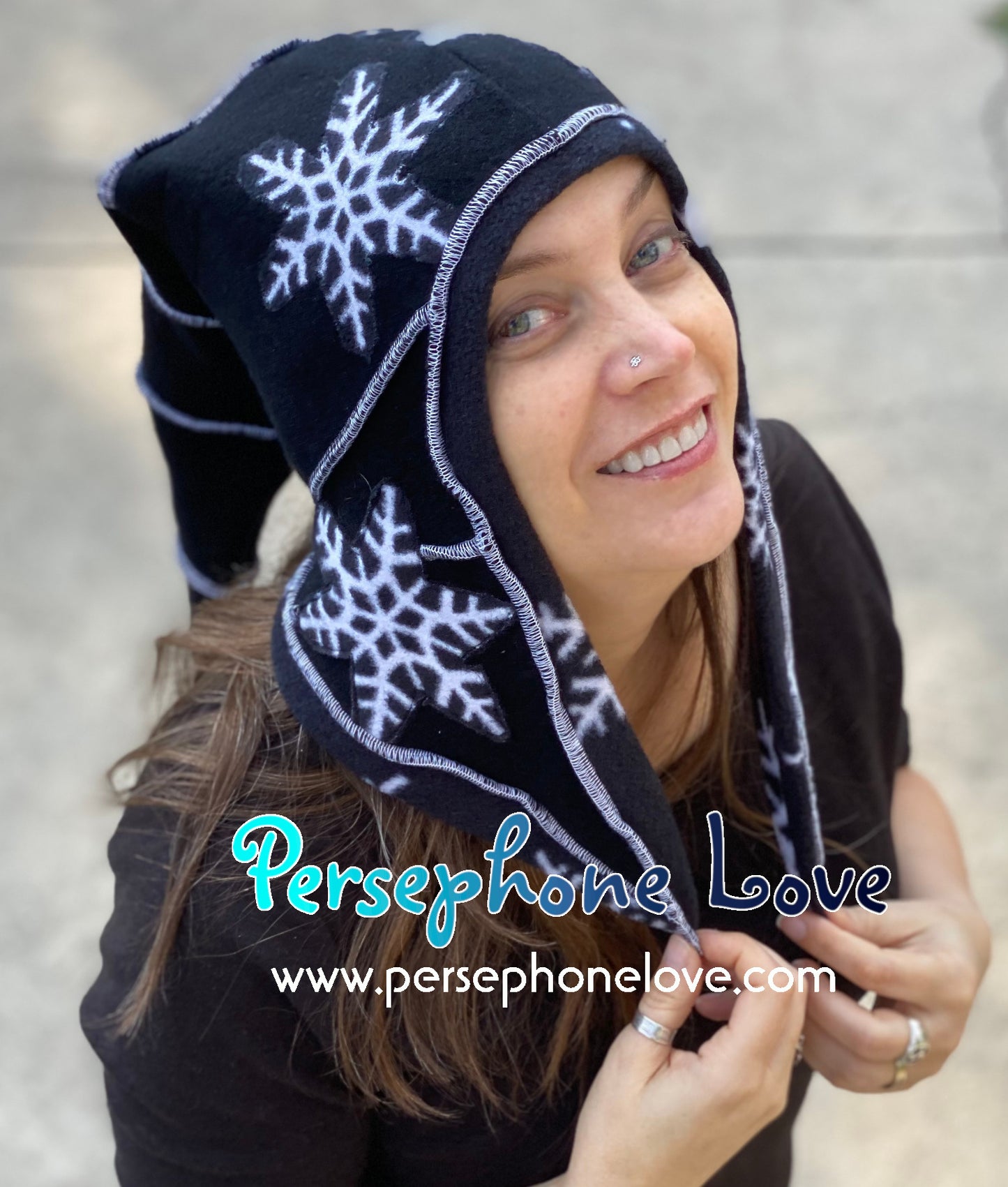 Katwise inspired black white snowflake felted 100% cashmere/fleece patchwork elf jester hat-1438