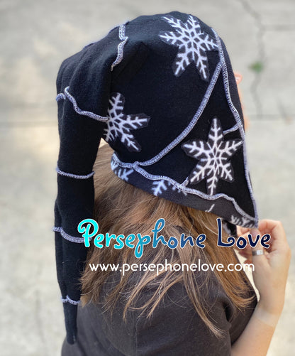 Katwise inspired black white snowflake felted 100% cashmere/fleece patchwork elf jester hat-1438