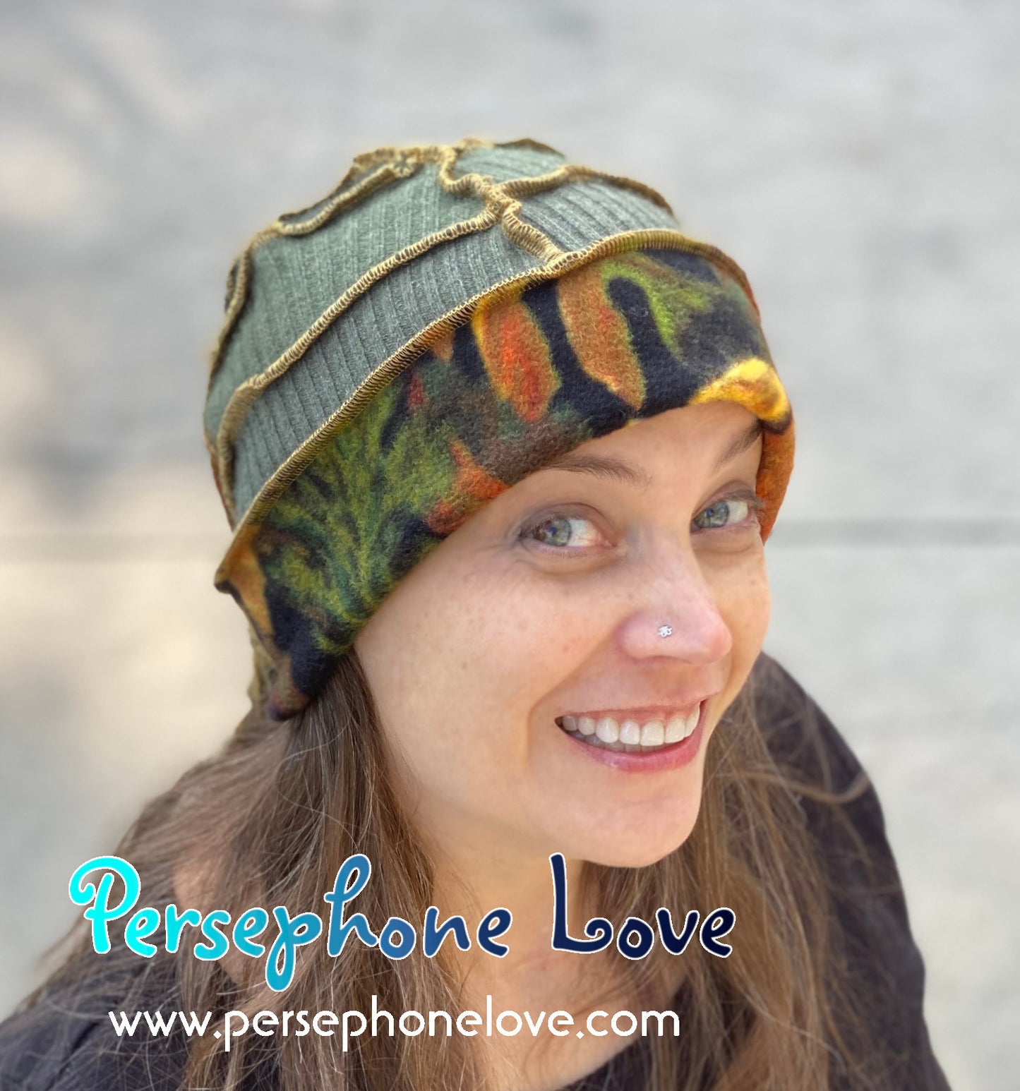 Katwise inspired green 100% cashmere/fleece patchwork elf jester hat-1482