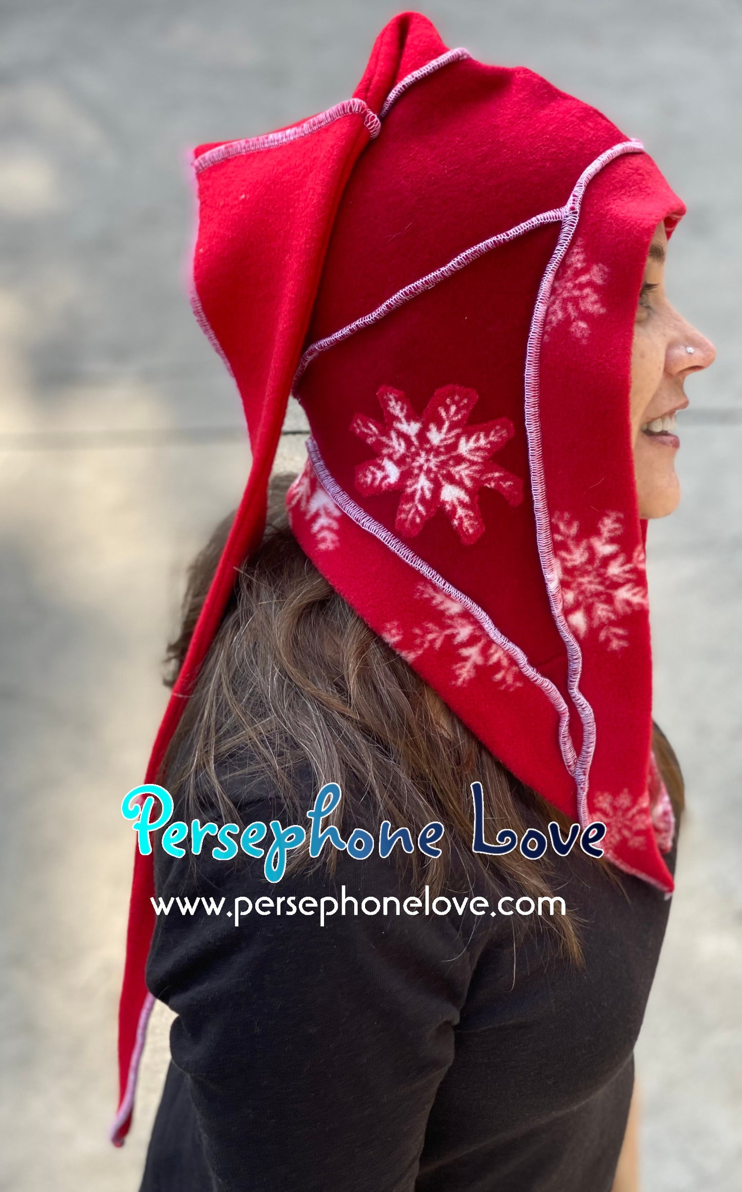 Katwise inspired red white snowflake felted 100% cashmere/fleece recycled sweater elf hat-1467