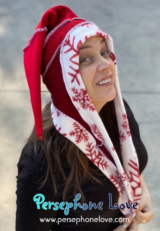 Katwise inspired red white snowflake felted 100% cashmere/fleece recycled sweater elf hat-1441