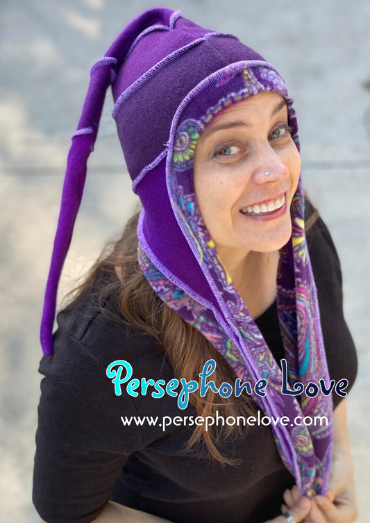 Katwise inspired purple paisley felted 100% cashmere/fleece recycled sweater elf hat-SMALL-1457