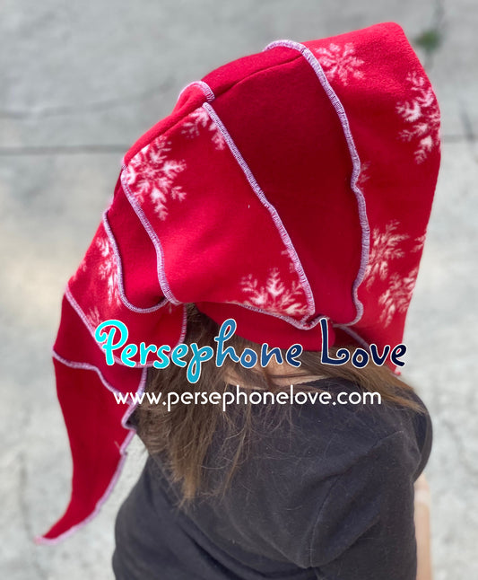 Katwise inspired red white snowflake felted 100% cashmere recycled sweater elf hat/hood-1445