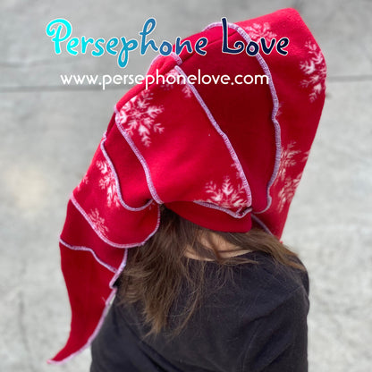 Katwise inspired red white snowflake felted 100% cashmere recycled sweater elf hat/hood-1445