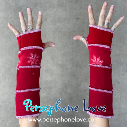 Katwise inspired needle-felted red white 100% cashmere/fleece upcycled sweater arm warmers -1466