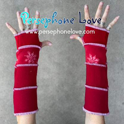 Katwise inspired needle-felted red white 100% cashmere/fleece upcycled sweater arm warmers -1465