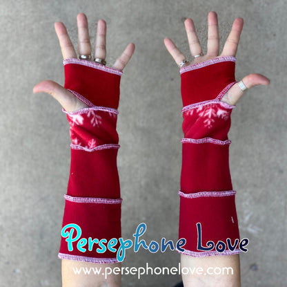 Katwise inspired needle-felted red white 100% cashmere/fleece upcycled sweater arm warmers -1466