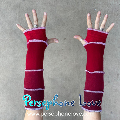 Katwise inspired needle-felted red white 100% cashmere/fleece upcycled sweater arm warmers -1430