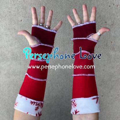 Katwise inspired needle-felted red white snowflake 100% cashmere/fleece upcycled sweater arm warmers -1428