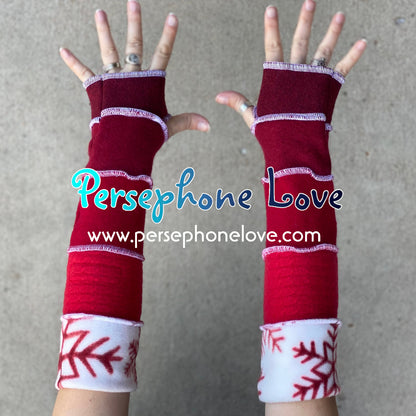 Katwise inspired needle-felted red white snowflake 100% cashmere/fleece upcycled sweater arm warmers -1429