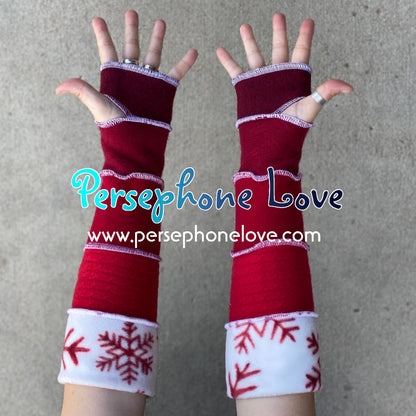 Katwise inspired needle-felted red white snowflake 100% cashmere/fleece upcycled sweater arm warmers -1429