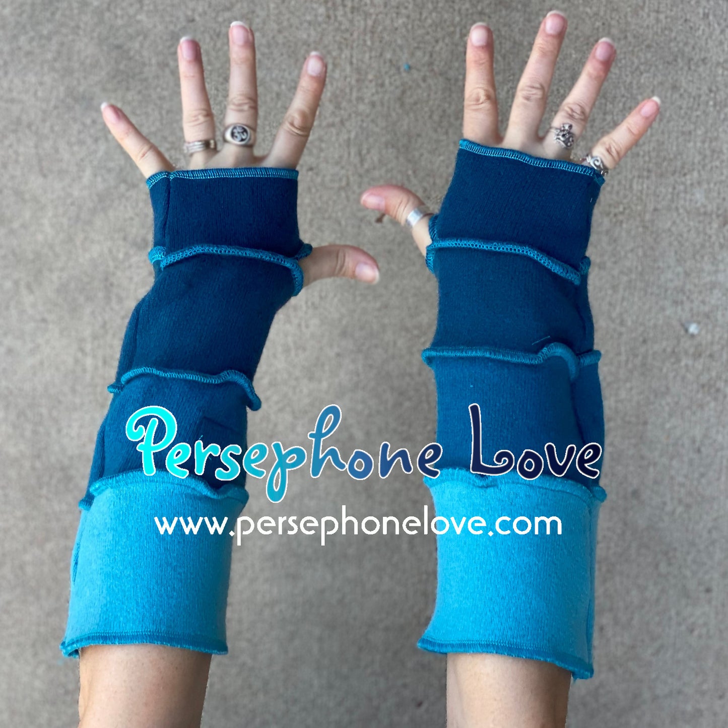 Katwise inspired needle-felted teal/turquoise 100% cashmere upcycled sweater arm warmers -1455