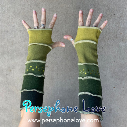 Katwise inspired needle-felted green 100% cashmere upcycled sweater arm warmers -1479