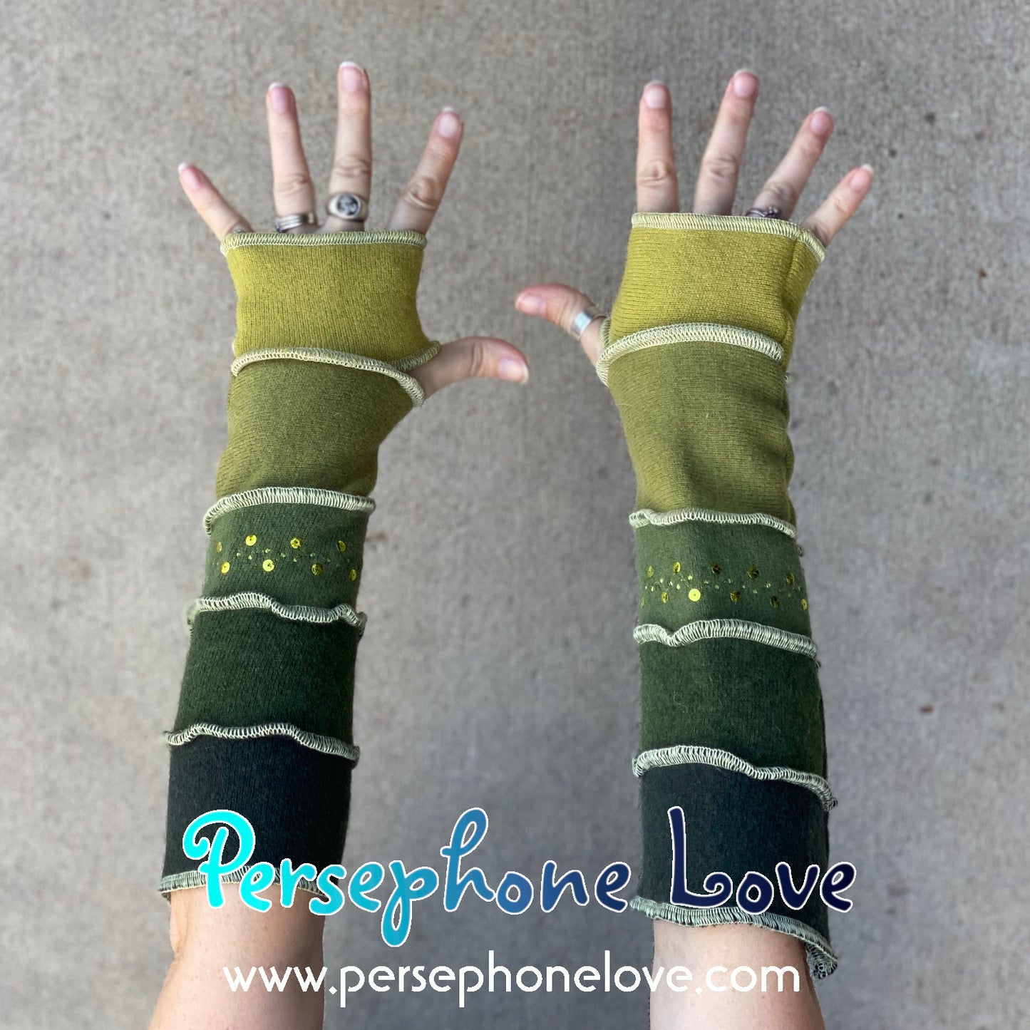 Katwise inspired needle-felted green 100% cashmere upcycled sweater arm warmers -1479