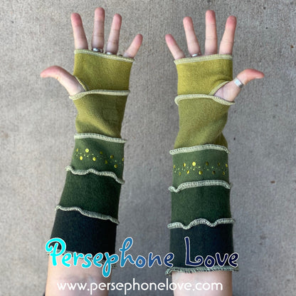 Katwise inspired needle-felted green 100% cashmere upcycled sweater arm warmers -1479