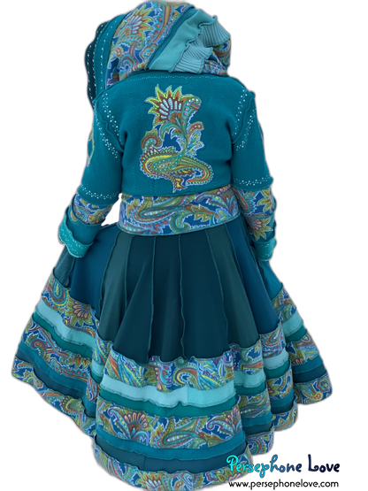 "Peacock" Teal Paisley needle-felted wool/cashmere Katwise-inspired patchwork elf sweatercoat-2520 "Peacock"