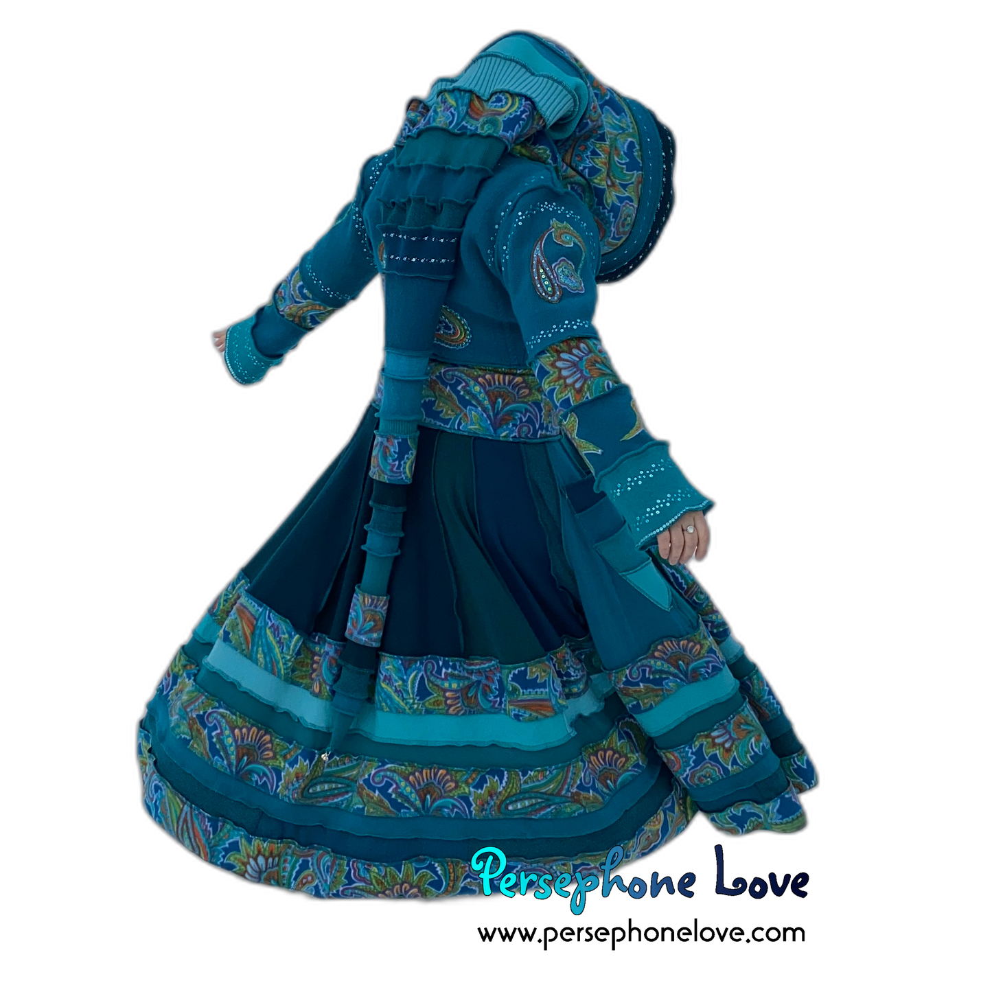 "Peacock" Teal Paisley needle-felted wool/cashmere Katwise-inspired patchwork elf sweatercoat-2520 "Peacock"