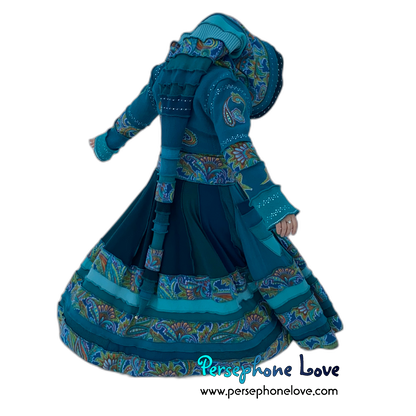 "Peacock" Teal Paisley needle-felted wool/cashmere Katwise-inspired patchwork elf sweatercoat-2520 "Peacock"