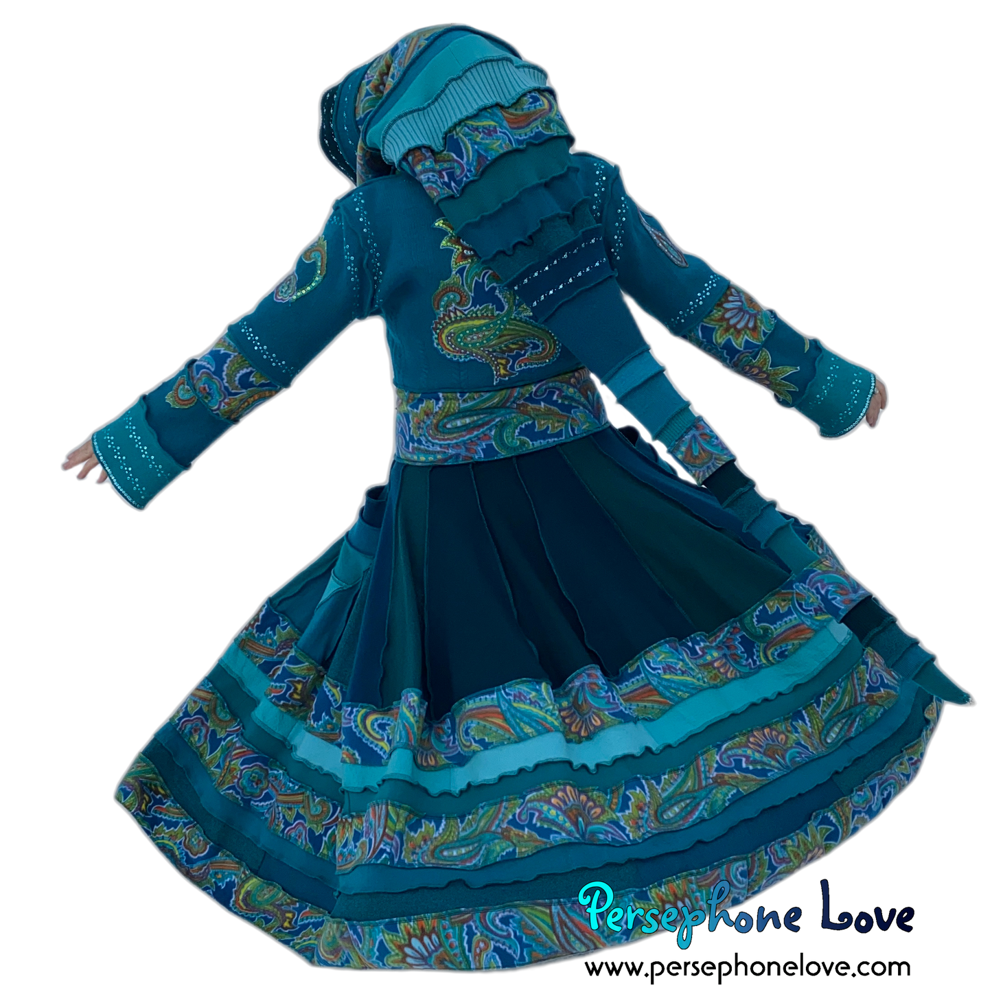 "Peacock" Teal Paisley needle-felted wool/cashmere Katwise-inspired patchwork elf sweatercoat-2520 "Peacock"