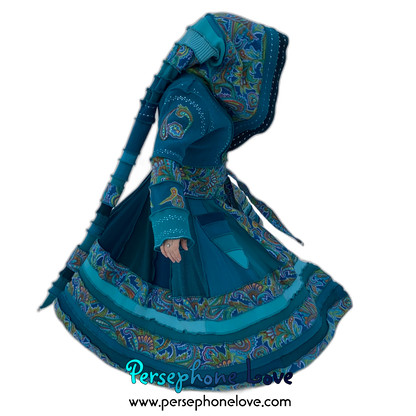 "Peacock" Teal Paisley needle-felted wool/cashmere Katwise-inspired patchwork elf sweatercoat-2520 "Peacock"