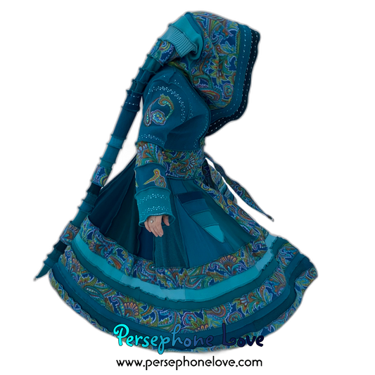 "Peacock" Teal Paisley needle-felted wool/cashmere Katwise-inspired patchwork elf sweatercoat-2520 "Peacock"