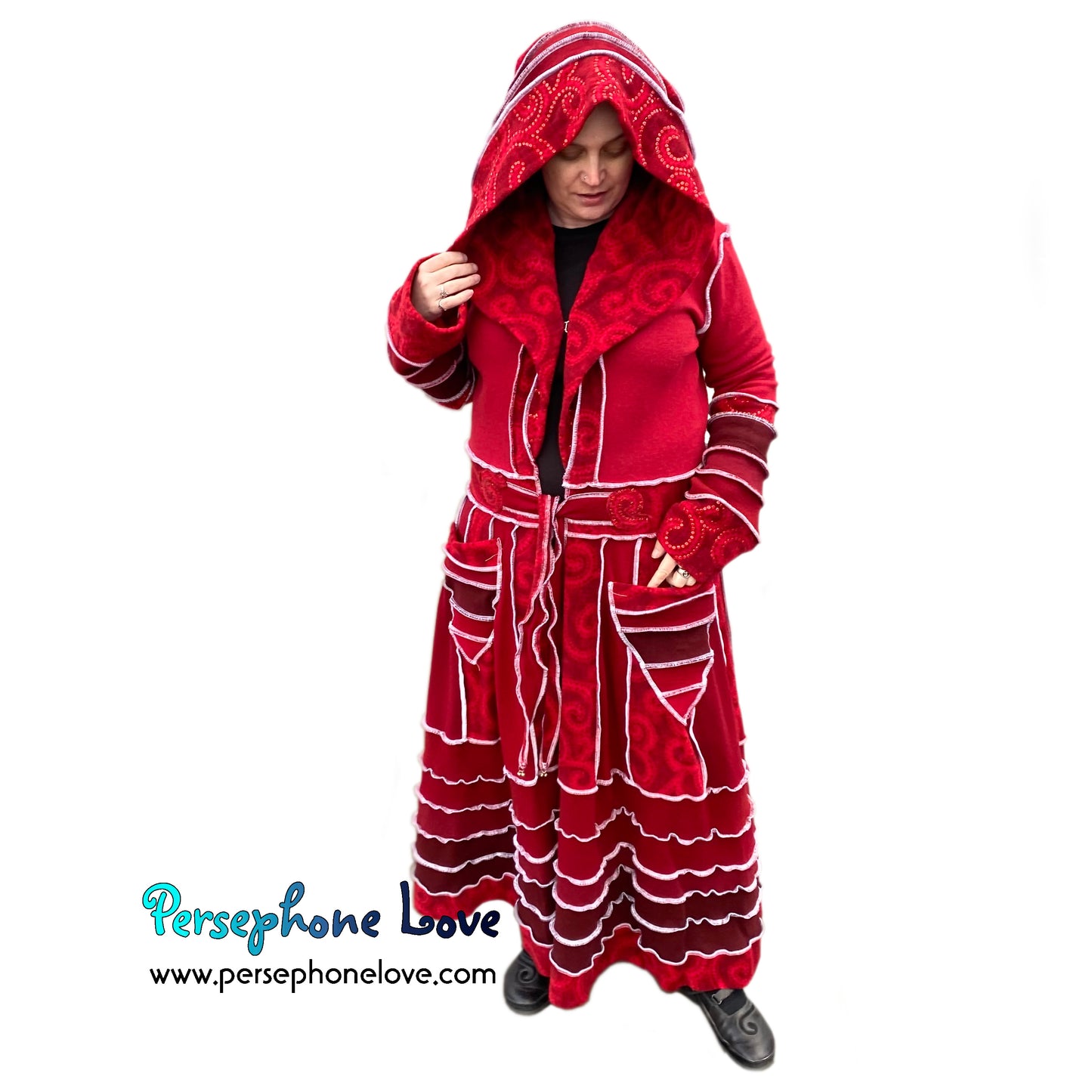 "Stay" Maroon red swirl pattern felted wool/cashmere patchwork Katwise-inspired sweatercoat-2507