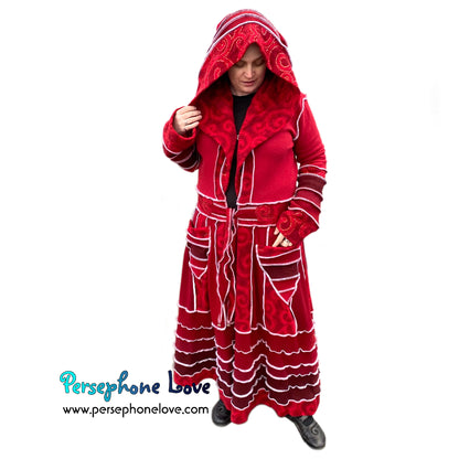 "Stay" Maroon red swirl pattern felted wool/cashmere patchwork Katwise-inspired sweatercoat-2507