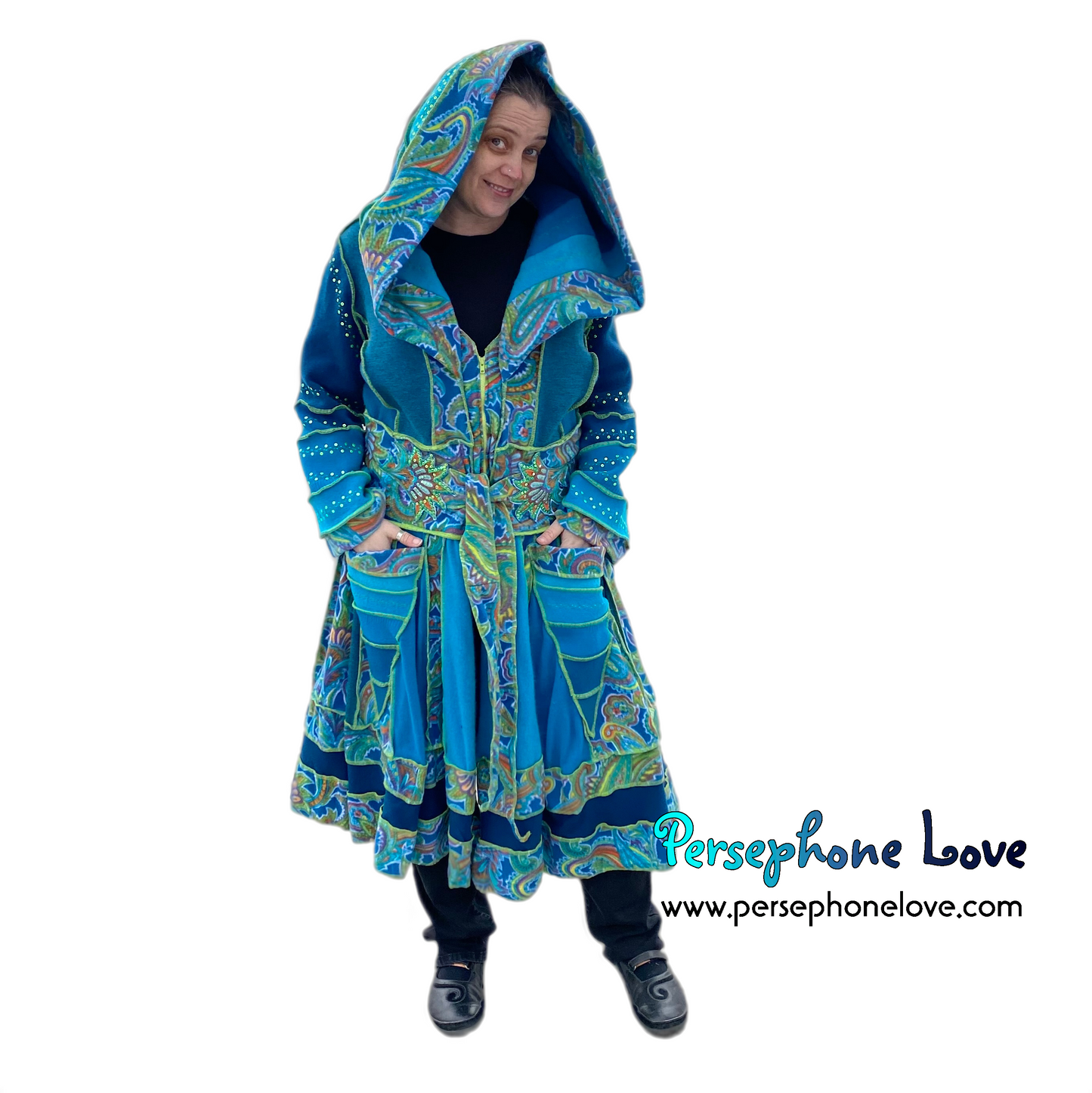 "Magic Dance" Teal Green Paisley felted cashmere/fleece Katwise-inspired sequin sweatercoat-2530 "Magic Dance"