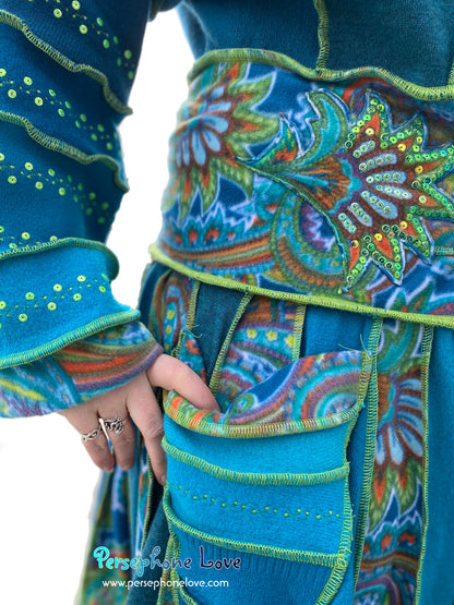 "Magic Dance" Teal Green Paisley felted cashmere/fleece Katwise-inspired sequin sweatercoat-2530 "Magic Dance"