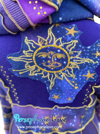 "Everything At Your Feet" GODDESS SIZE Purple Celestial embroidered/felted/sequins cashmere patchwork Katwise-inspired sweatercoat-2537