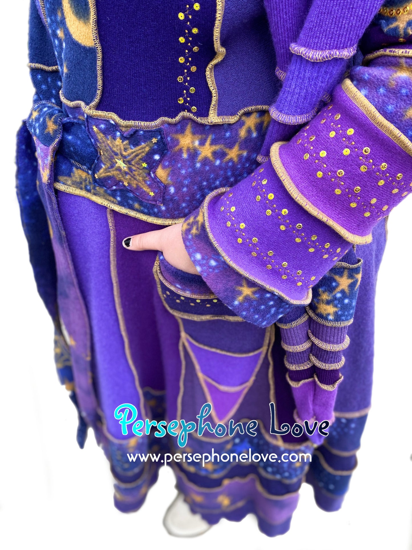 "Everything At Your Feet" GODDESS SIZE Purple Celestial embroidered/felted/sequins cashmere patchwork Katwise-inspired sweatercoat-2537