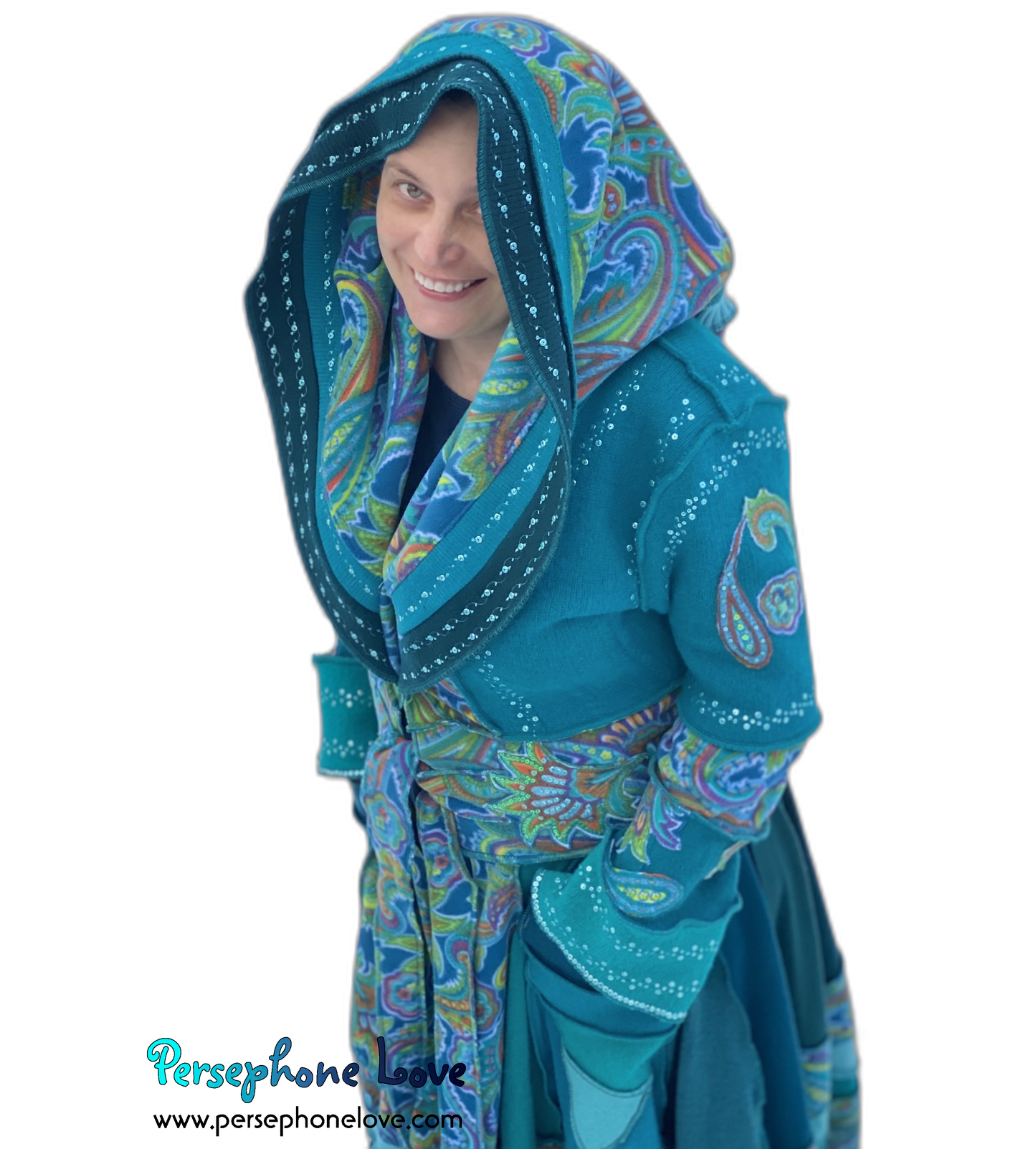 "Peacock" Teal Paisley needle-felted wool/cashmere Katwise-inspired patchwork elf sweatercoat-2520 "Peacock"