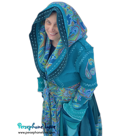 "Peacock" Teal Paisley needle-felted wool/cashmere Katwise-inspired patchwork elf sweatercoat-2520 "Peacock"
