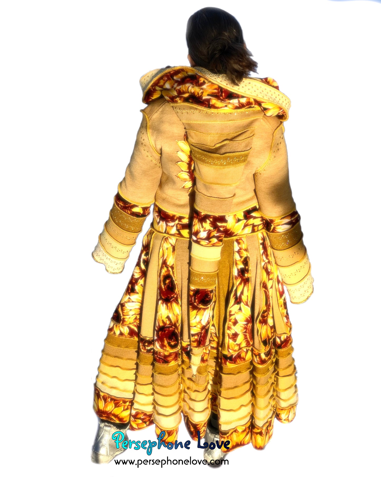 "Sunshine Cameo" Yellow sunflower needle-felted wool/cashmere Katwise-inspired patchwork elf sweatercoat-2517