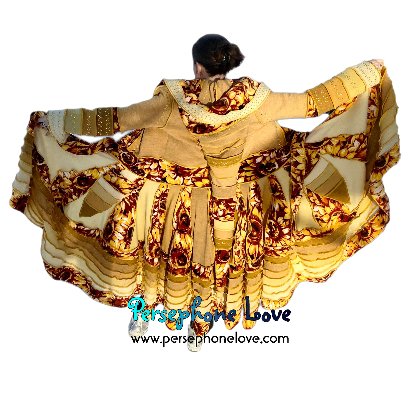 "Sunshine Cameo" Yellow sunflower needle-felted wool/cashmere Katwise-inspired patchwork elf sweatercoat-2517