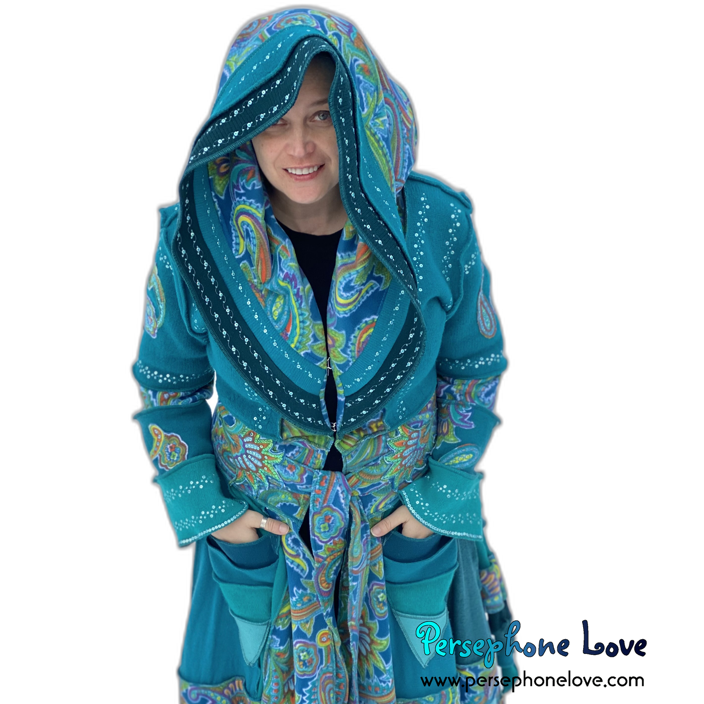 "Peacock" Teal Paisley needle-felted wool/cashmere Katwise-inspired patchwork elf sweatercoat-2520 "Peacock"
