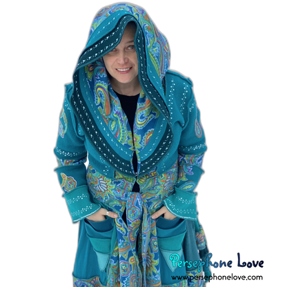 "Peacock" Teal Paisley needle-felted wool/cashmere Katwise-inspired patchwork elf sweatercoat-2520 "Peacock"