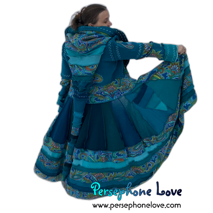 "Peacock" Teal Paisley needle-felted wool/cashmere Katwise-inspired patchwork elf sweatercoat-2520 "Peacock"