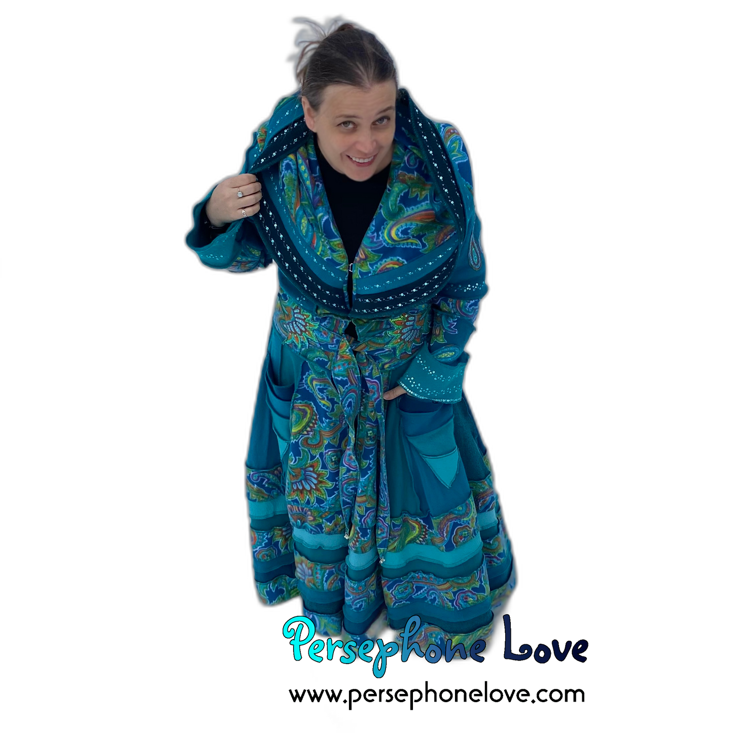 "Peacock" Teal Paisley needle-felted wool/cashmere Katwise-inspired patchwork elf sweatercoat-2520 "Peacock"