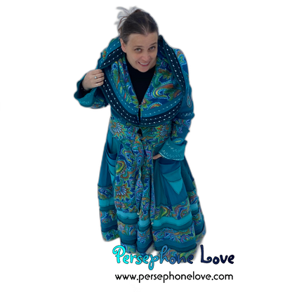 "Peacock" Teal Paisley needle-felted wool/cashmere Katwise-inspired patchwork elf sweatercoat-2520 "Peacock"