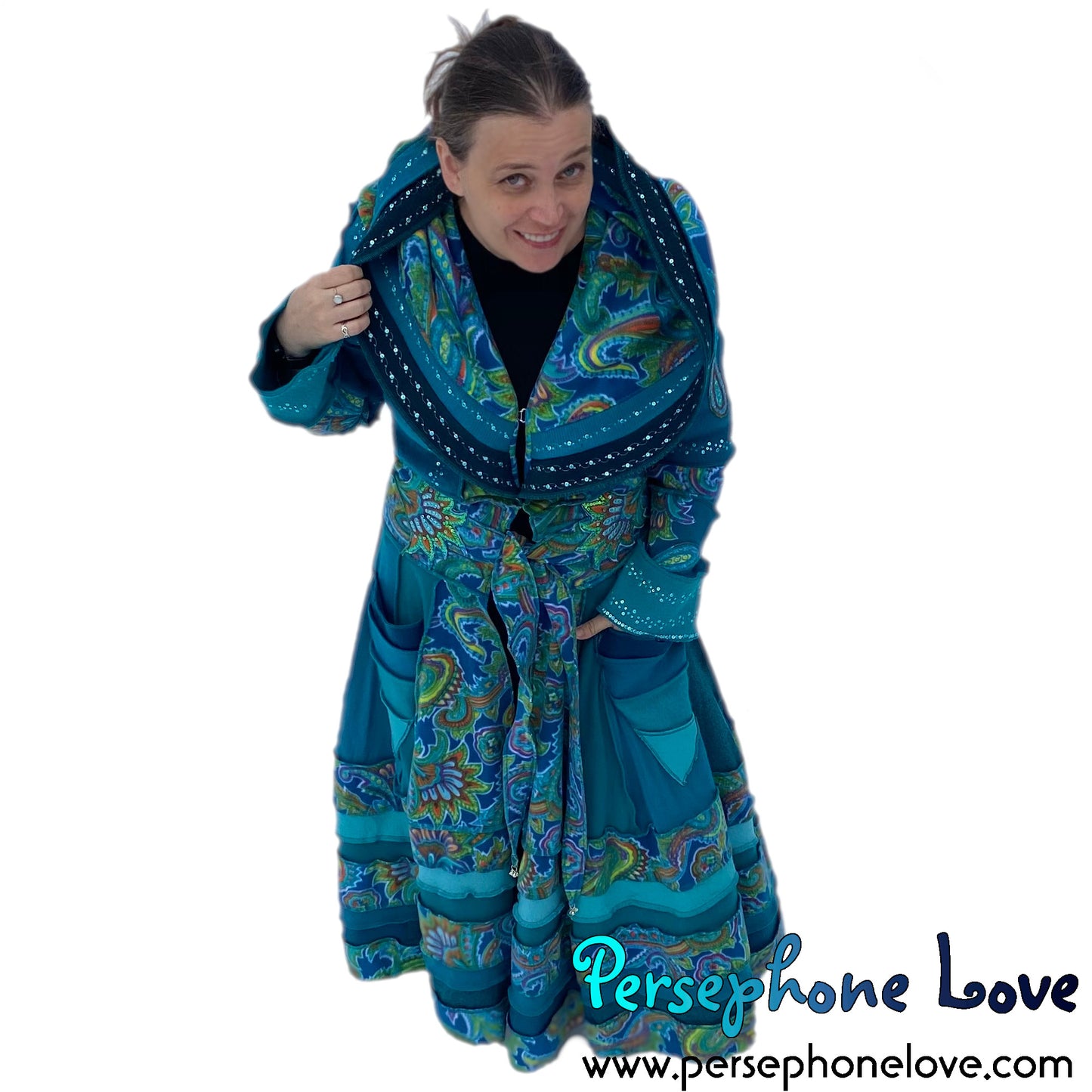 "Peacock" Teal Paisley needle-felted wool/cashmere Katwise-inspired patchwork elf sweatercoat-2520 "Peacock"